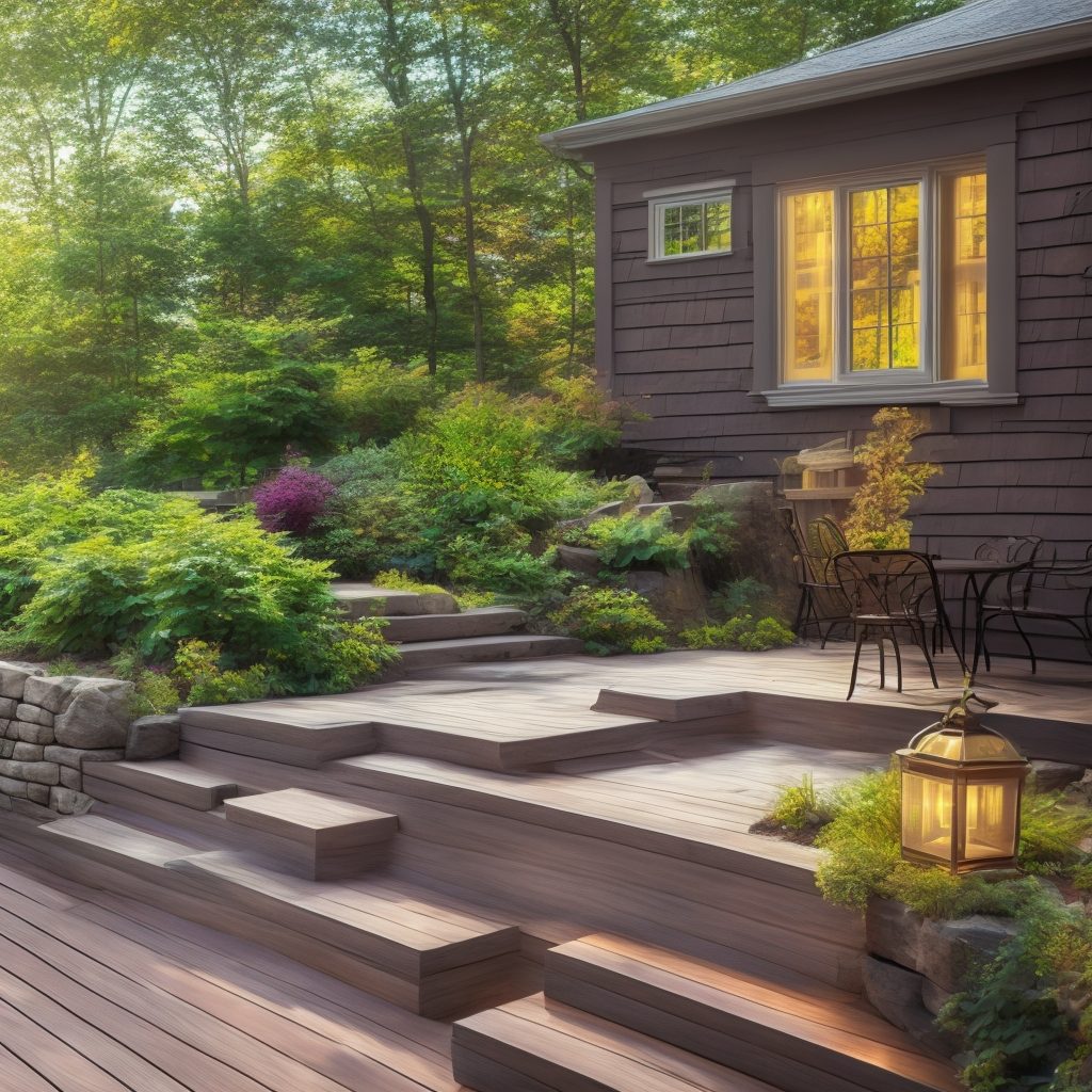 Beautiful wood deck with stone steps in a New England garden