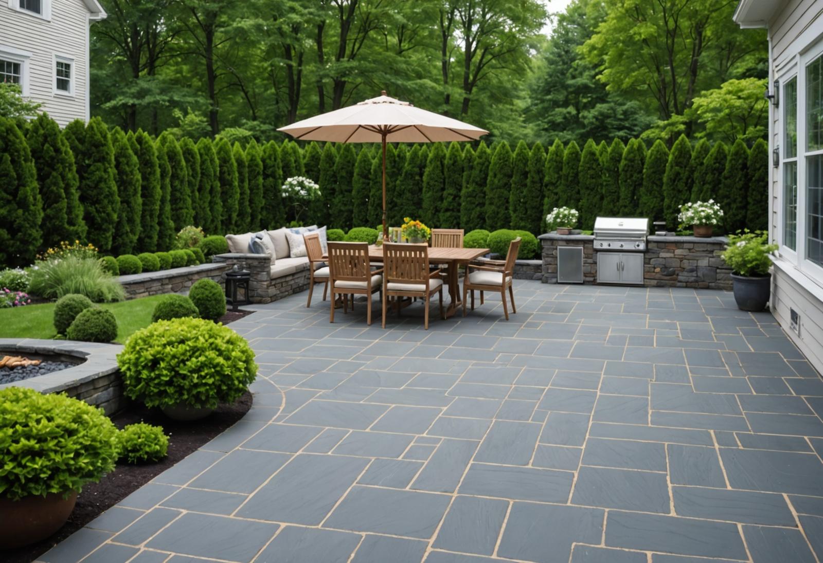 Bluestone backyard patio with dining furniture and landscaping