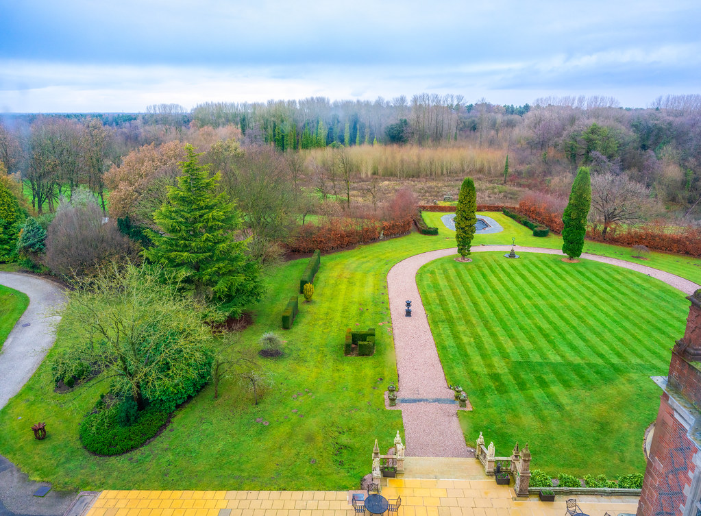 Striped lawn and woodland landscape with mature trees