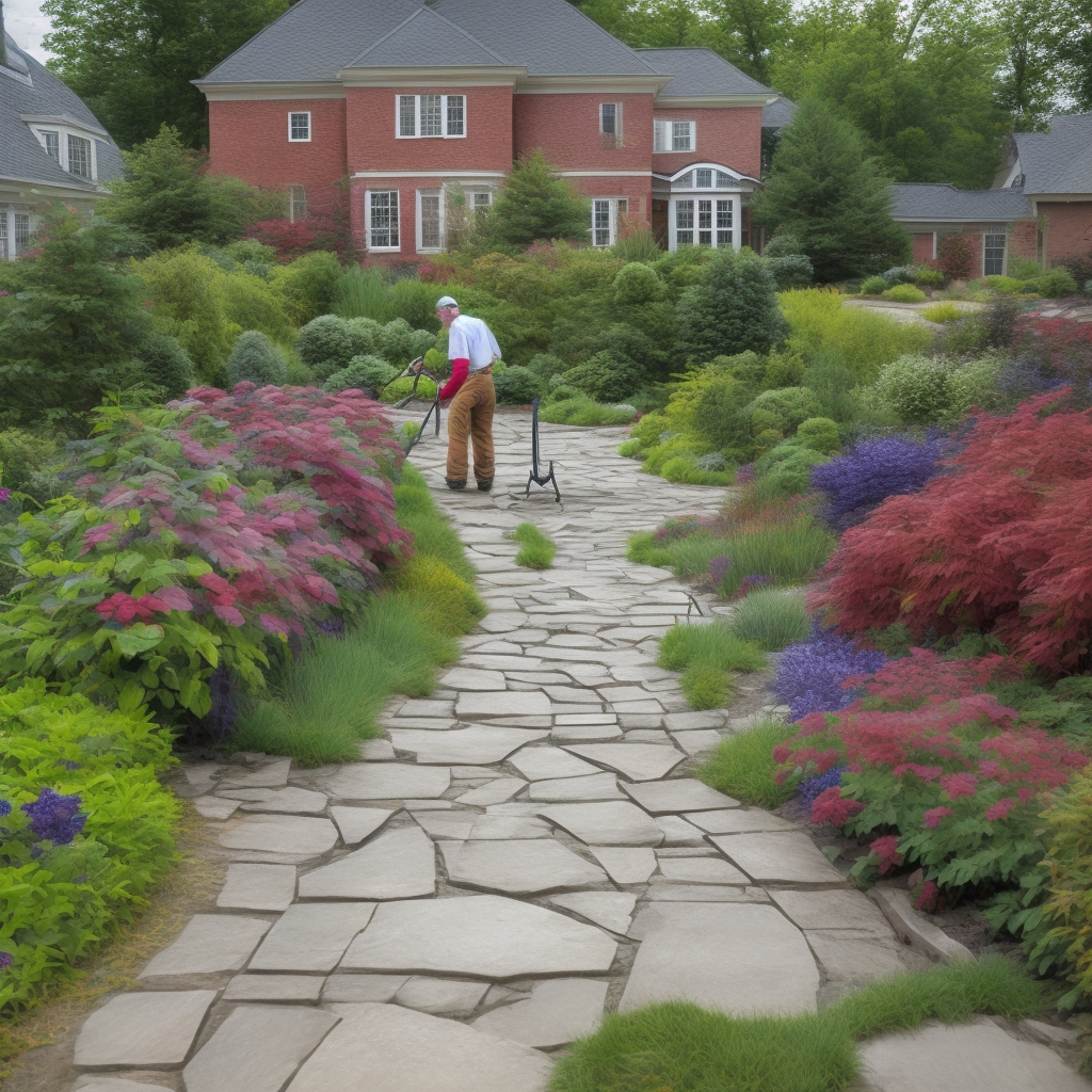 Local New England landscape contractors installing stone pathway through formal garden with hedgerows