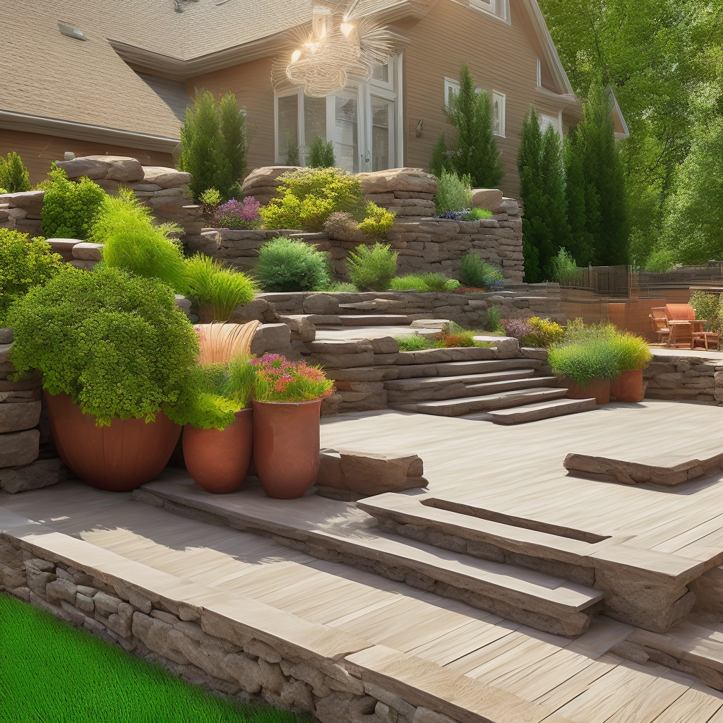 Premium composite deck overlooking manicured landscape garden with native plants and stone walls in afternoon light