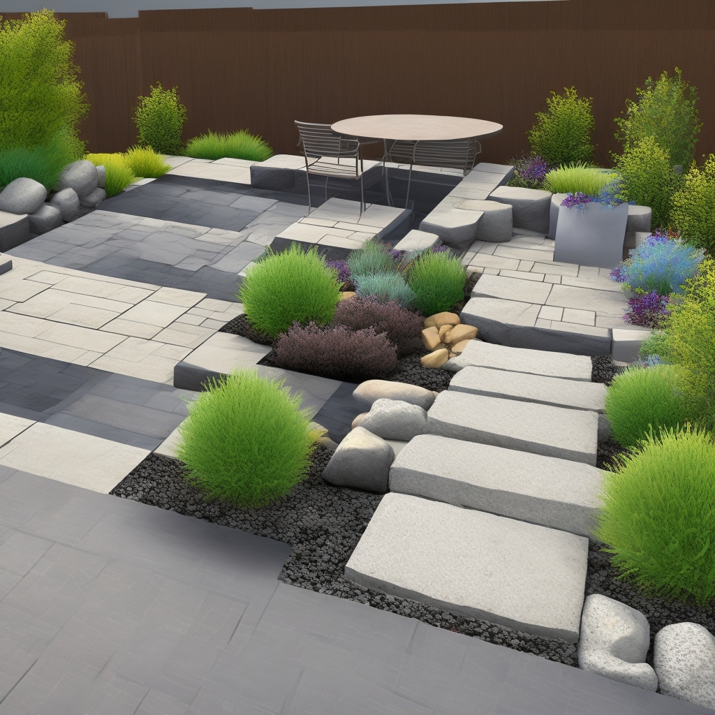 Modern landscape design with composite materials and mixed hardscape softscape in contemporary residential setting