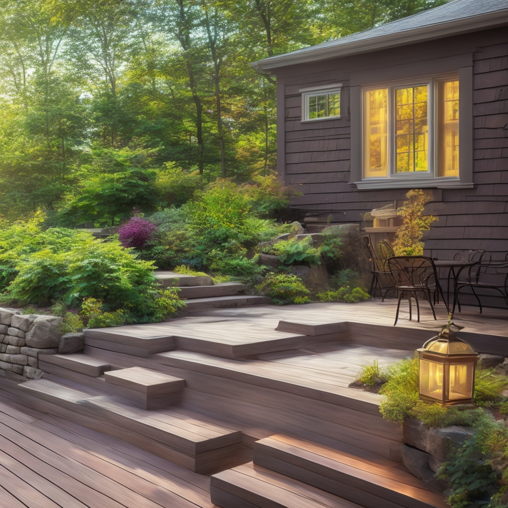 Beautiful wood deck with stone steps in a New England garden