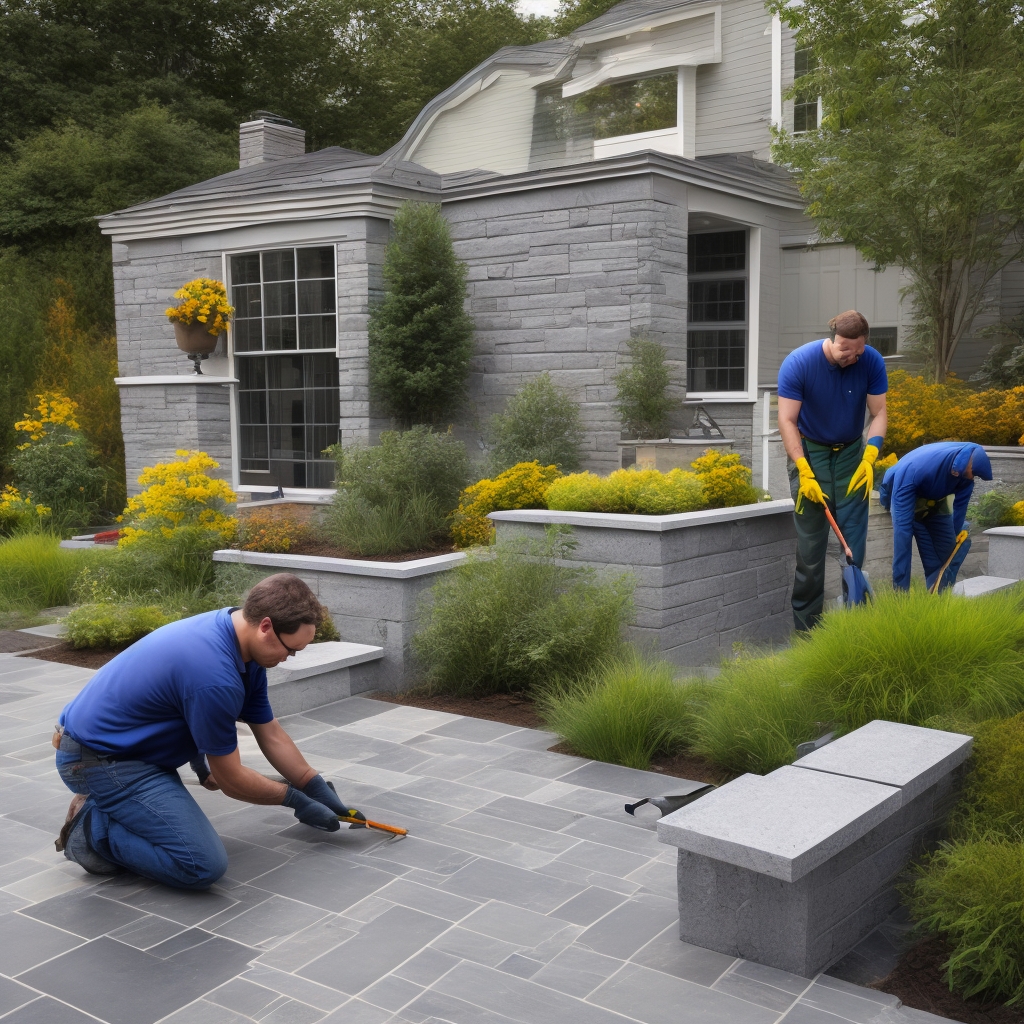 Professional landscapers installing bluestone patio with precise geometric patterns and clean masonry lines