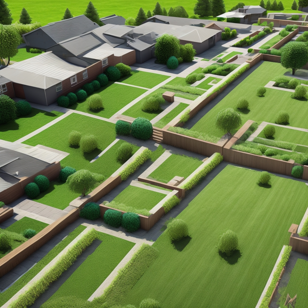 High-quality freshly seeded lawn with vibrant green grass and garden beds with hedges