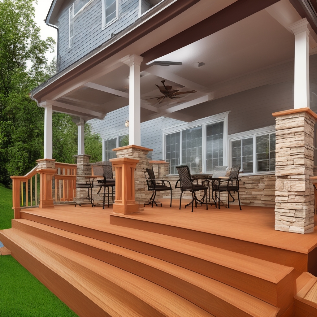 Professional deck installation with stone elements and residential setting