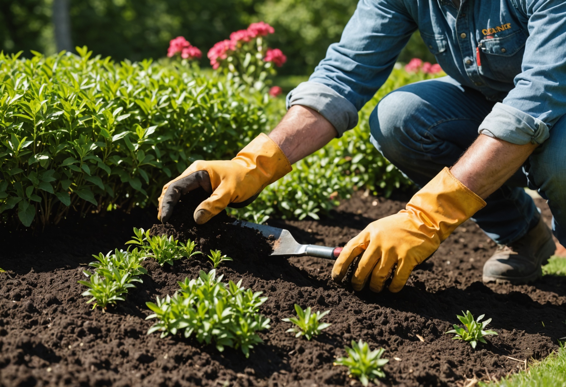 Landscaper in work gloves planting young shrubs along a mulched garden border