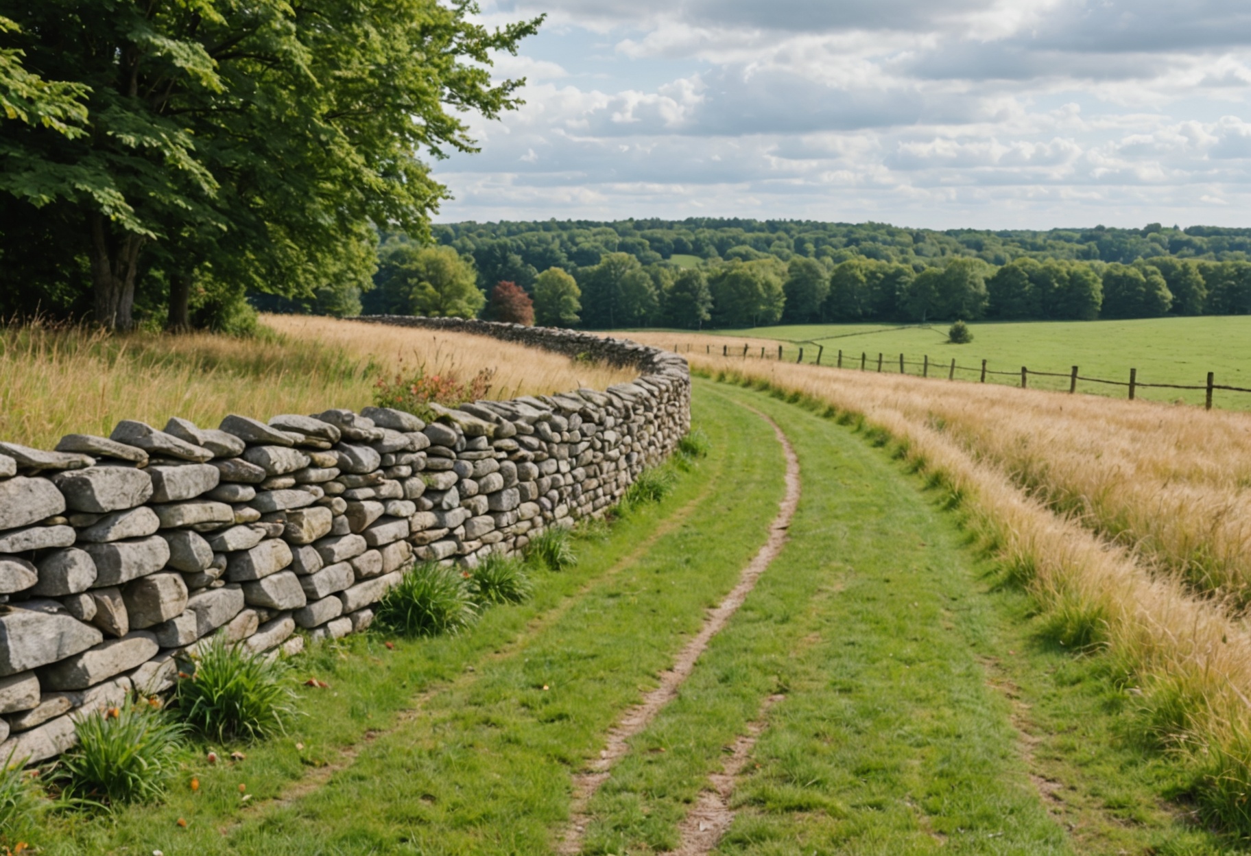 Stone wall beside a country path in rolling pastoral landscape