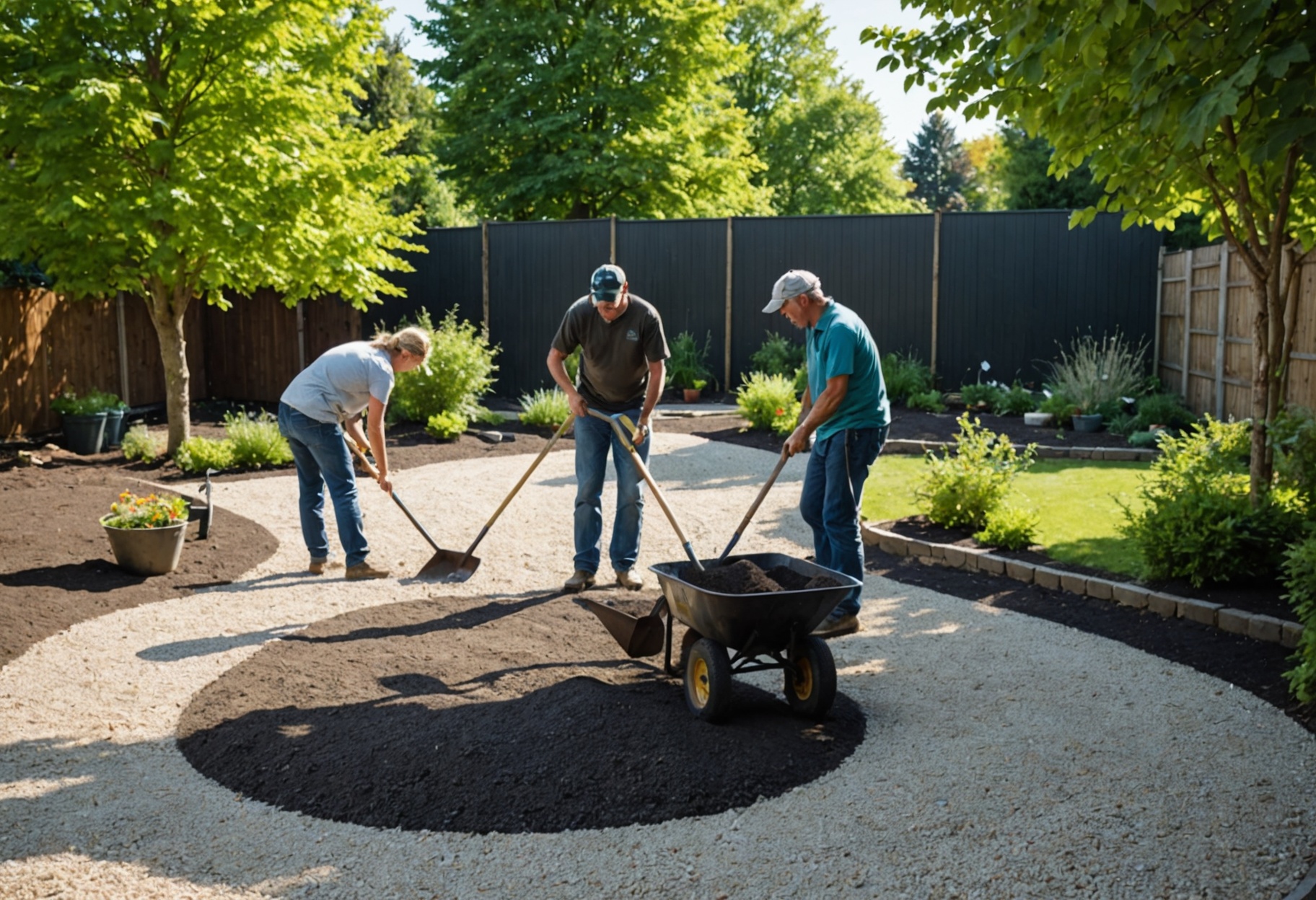 Landscape crew raking gravel for a new garden path