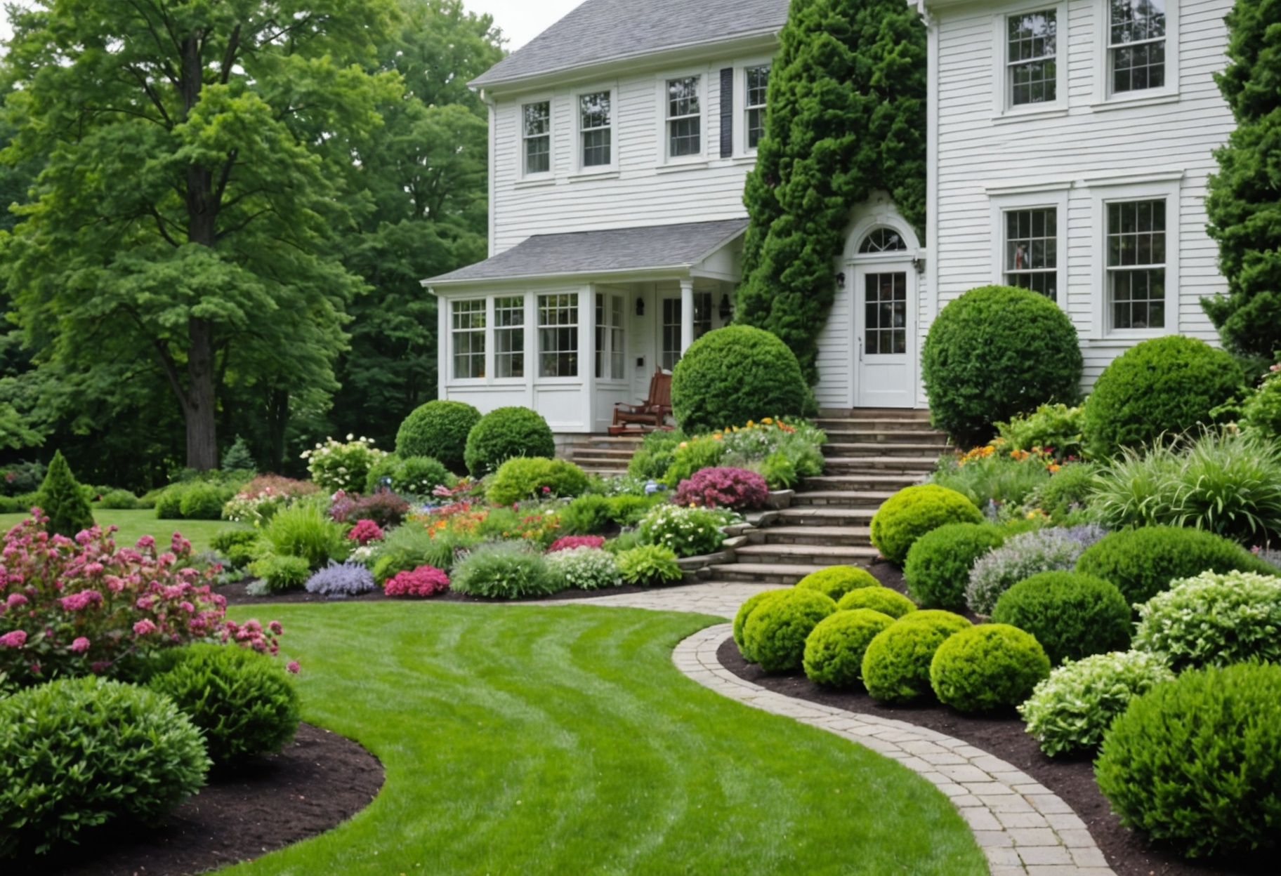 Terraced front garden with granite steps, perennial beds and trimmed lawn before a colonial house
