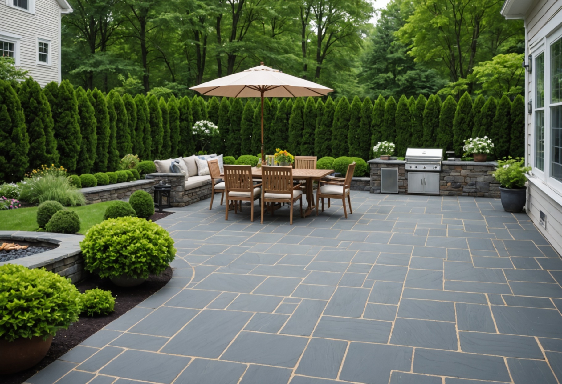 Bluestone backyard patio with dining furniture and landscaping